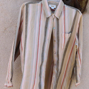 Talbots stripped long shirt linen L button beige